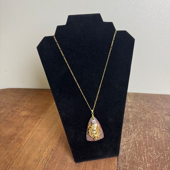 Artisan Handmade Red‎ Brown Agate Gold Tone Rhinestone Pendant 20 inch Necklace - Picture 1 of 8